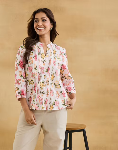 White Cotton Hand Block Printed Top