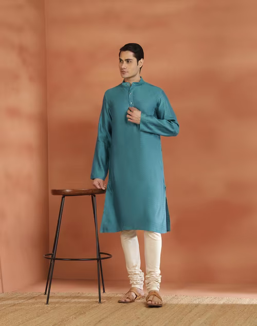 Turquoise Viscose Silk Slim Fit Long Kurta
