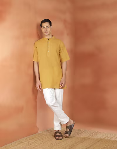 Mustard Cotton Check Short Kurta